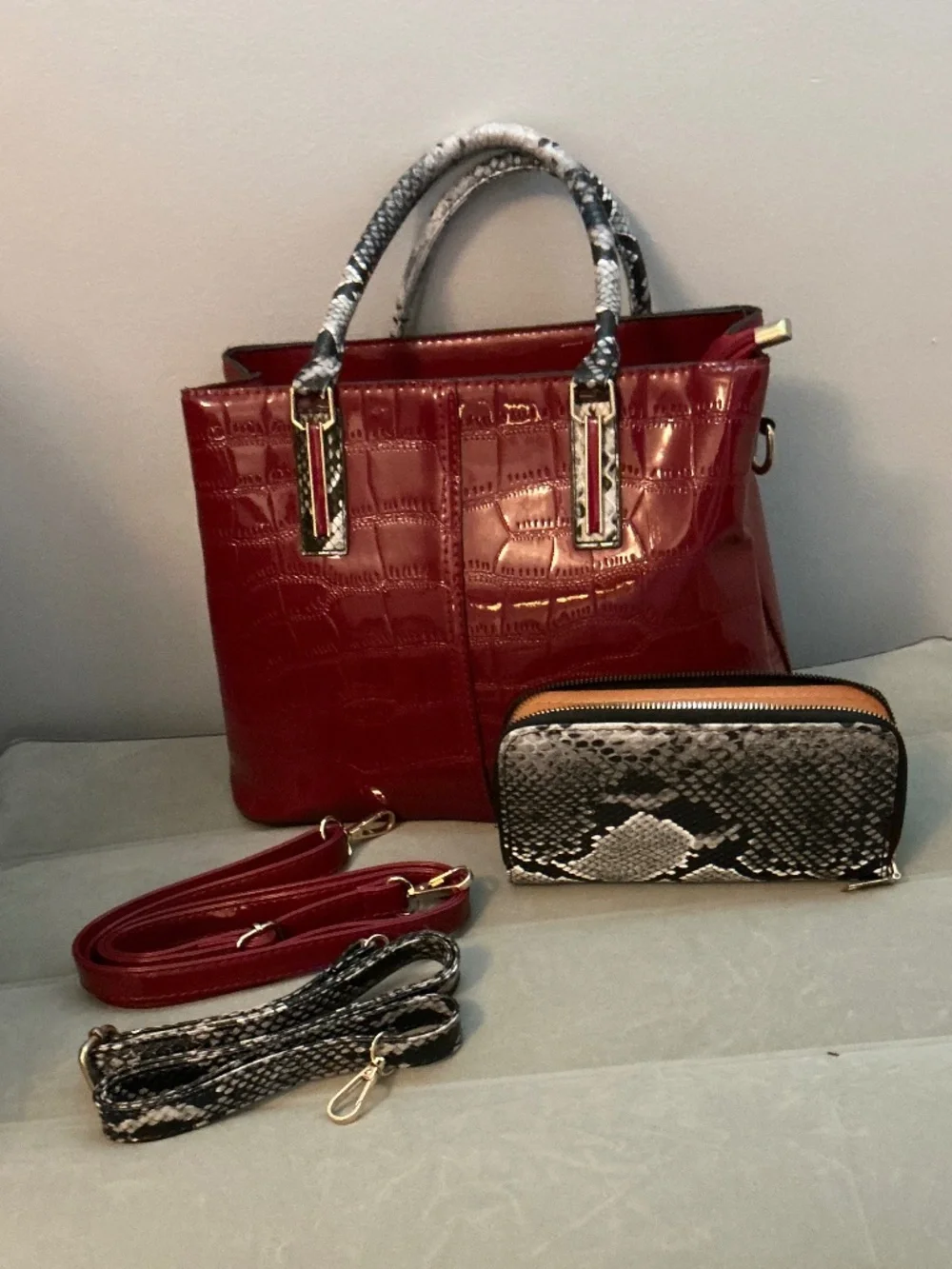 Red Patent Leather Satchel Set